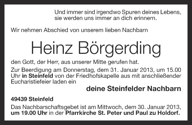  Traueranzeige für Heinz Börgerding vom 29.01.2013 aus OM-Medien